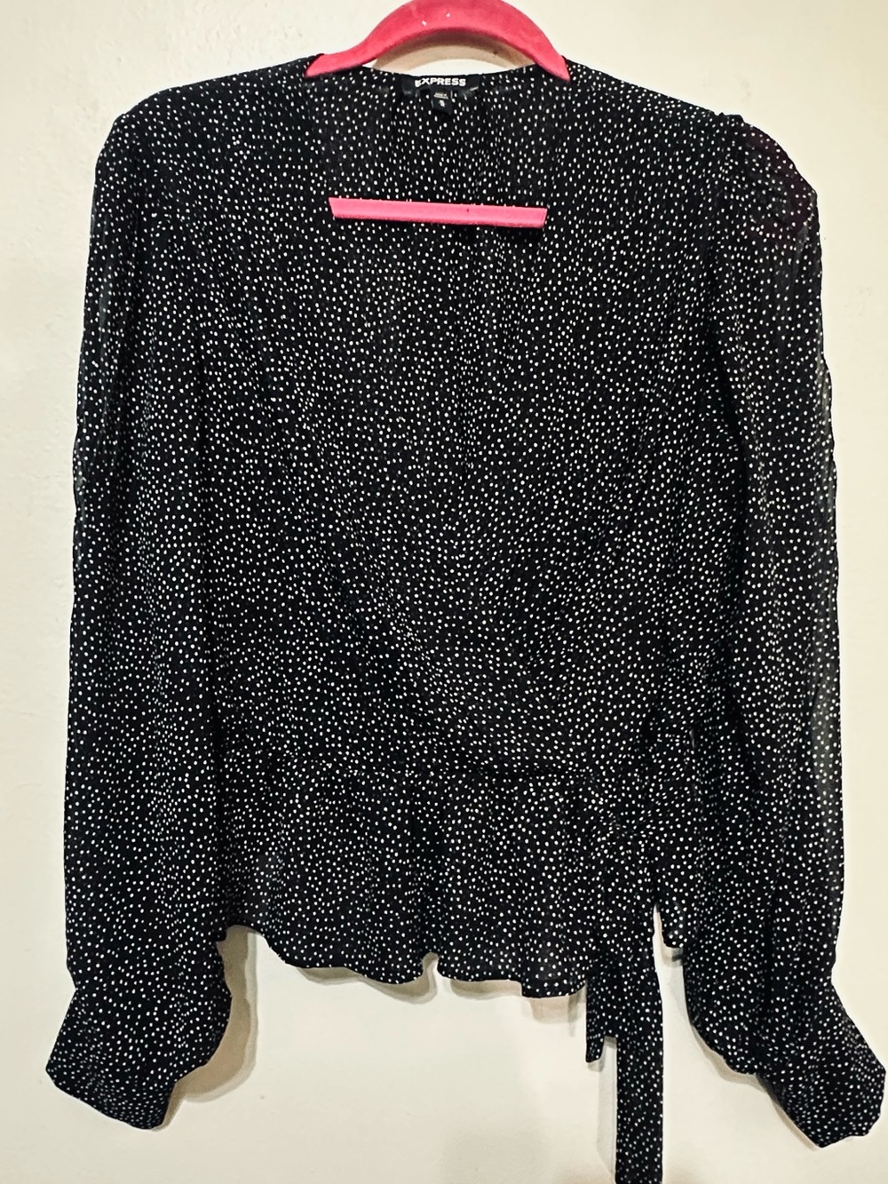 Express Black Polka Dot Faux Wrap Career Top